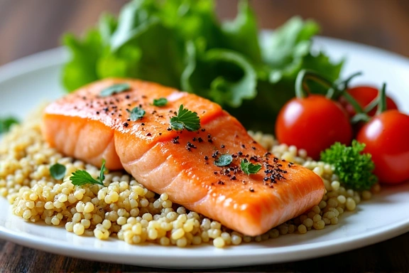 Un piatto colorato con verdure fresche, salmone e quinoa, che rappresenta una ricetta sana.