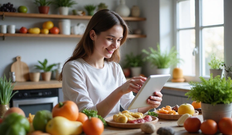 Una persona che legge un articolo su un tablet, circondata da alimenti sani come frutta e verdura, in un ambiente luminoso e accogliente.