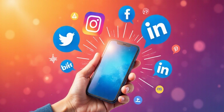 Icone dei social media fluttuanti intorno a una mano che tiene uno smartphone