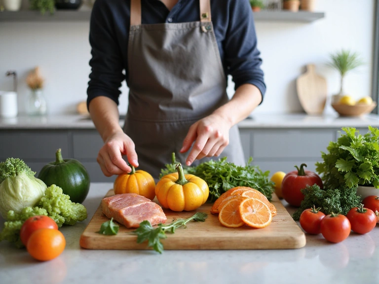 Persona che prepara un pasto sano e colorato in cucina, con ingredienti freschi sul tavolo